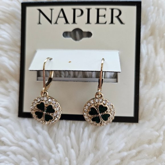 Napier Earrings Shamrock Lucky 1" Green/Rhinestone Charming - Picture 6 of 11
